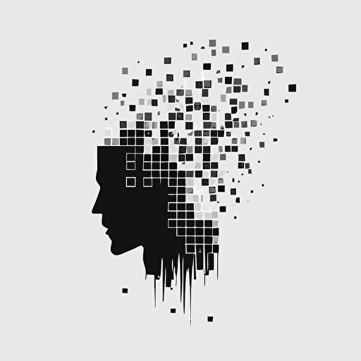 vector art, black and white, flat design , design me a minimalistic logo of a human head that is dissolving into square pixels by Paul rand