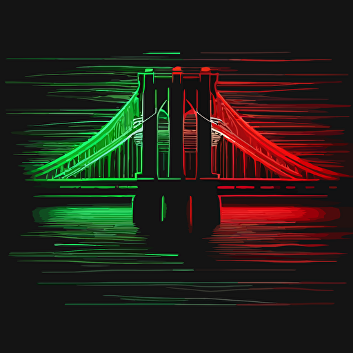 brooklyn bridge in red and green neon style on black background, vector illustrated logo, flat design, simple