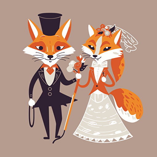 Vector art of a fox dressed as a bride and a fox dressed as a groom, in the style of Britta Teckentrup illustrations