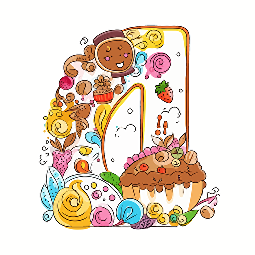 A cute cartoon number 1 using Almond, Cashew, Cod, Egg, Hazelnut, Milk, Oat, and Peanut illustrations to construct the number 1, whimsical, cheerful, bright and colorful, vector, contour, white background