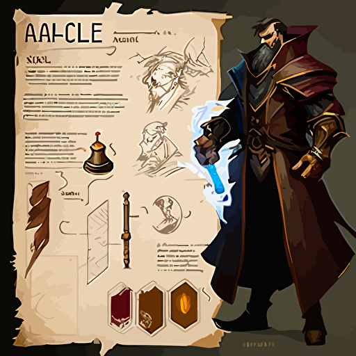 mage, league of legend style, hand painted, vectorial, design sheets for a game