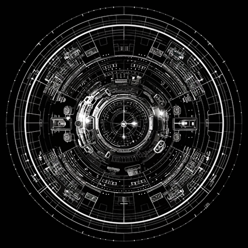 circular spaceship on black background, 2d vector