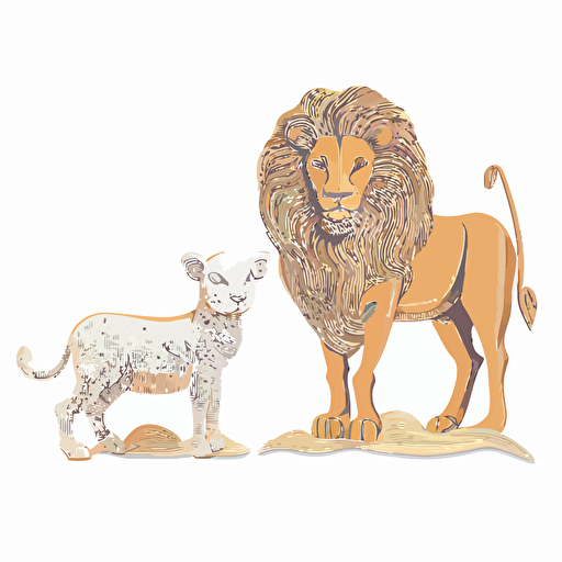 Create a drawing of a detail animation lion and lamb Flat vector art white background cut out