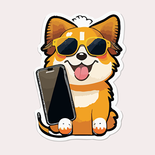 Kawaii cute happy dog wearing handphone sunglasses, professional Sticker Design vector, contur white background