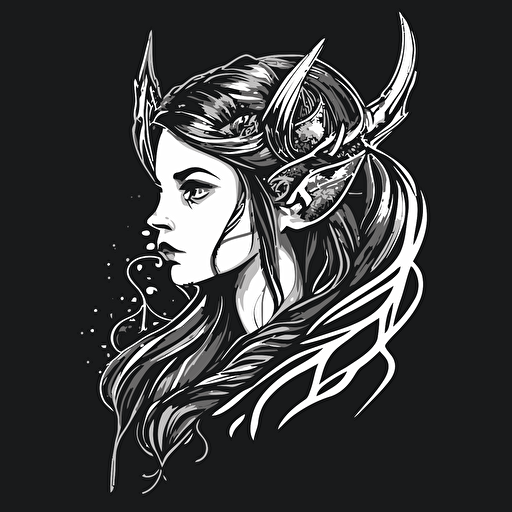 elven girl with horns doodle vector ilustration black and white