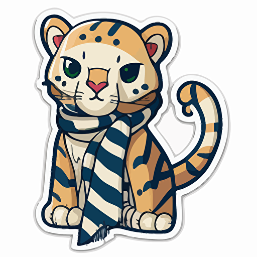 sticker, Happy Colorful Mountain Lion wearing a navy blue and white striped scarf,, kawaii, contour, vector, white background