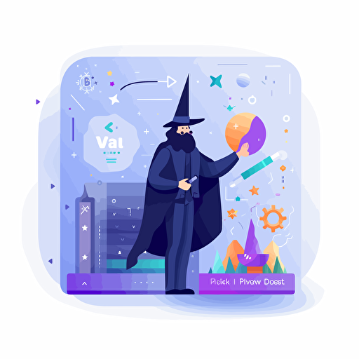 Power BI Wizard logo illustration, holding a magic wand, surrounded by diagrams and dashboards, flat design, modern, professional, white background, Adobe Illustrator, vector format, RGB color mode
