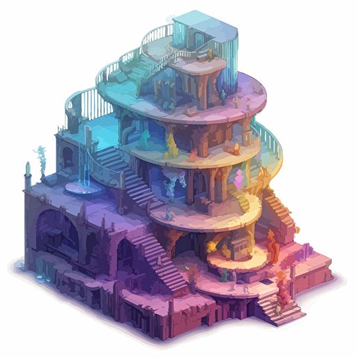 two-story wizard architectural form, cutaway view, many iridescent helical staircases, isometric, vector shapes, magical