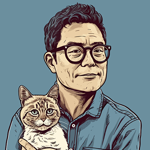 vector art style, 42 year old white asian male, thick rim glasses, holding a cat, in the style of Michael Parks