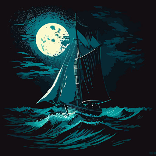 small sailboat with single mast and 2 sails at night on very rough seas with a huge moon. shades of blue and vector style