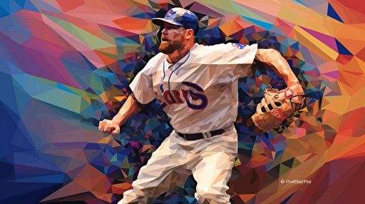 Chicago Cubs player Kerry Wood standing on a pitchers mound. Over his baseball uniform he is wearing a Lab coat and albert einstein hair. cubist painting, Neo-Cubism, layered overlapping geometry, art deco painting, Dribbble, geometric fauvism, layered geometric vector art, maximalism; V-Ray, Unreal Engine 5, angular oil painting, DeviantArt