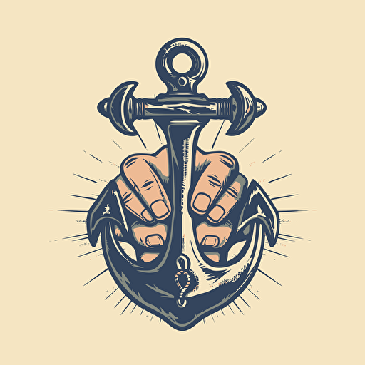 a vector style hand holding the middle of an anchor with the top of the anchor in the shape of a spanner