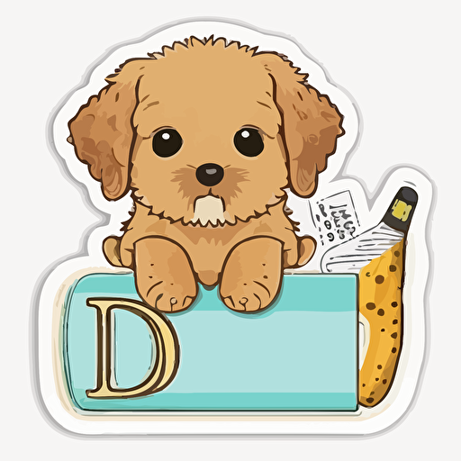 sticker flat vector art,2D kawaii, baby dog sitting on the letter D,cute,colorful disney-inspired