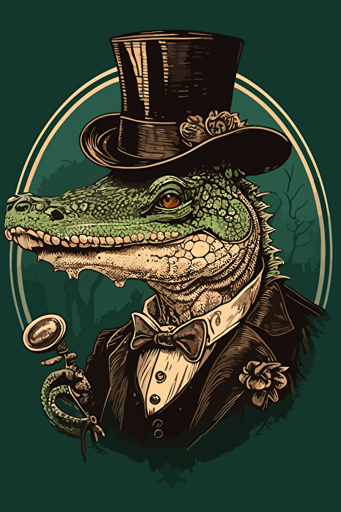 crocodile, wearing a top hat and a monocle, vector art,