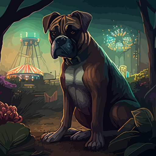 illustrate a detailed avatar of a boxer dog sitting in a chair facing the foregorund, surrounded by magical glowing plants, shrubs, trees, dead roses, with a view of a abandoned city, broken carnival rides in the background, broken billboard. Set from vacant woods in the foreground. Incorporate a gloomy and dreadful vibe to evoke a sense of eerieness and wonder. Use a digital painting style reminiscent of Thomas Kinkade and James Gurneya illustration, drawing, flat illustration, vector style