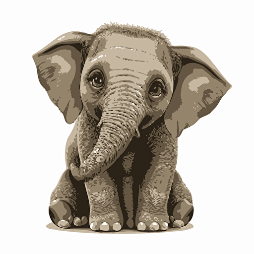 sitting baby elephant with large eyes, vector style, white background