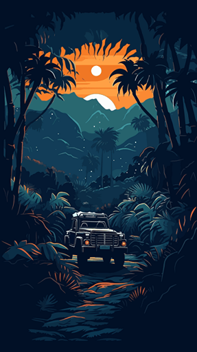 land rover, landscape of a foreign jungle planet with mountains, illuminated flora, slighly dark, vector illustration