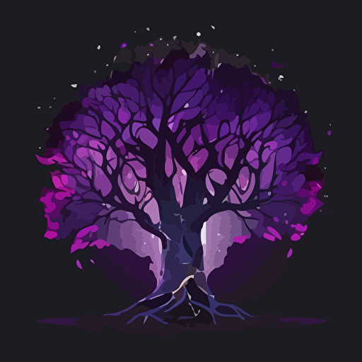 purple and pink led lights around a giant tree, faded black background, polygonal vector illustration
