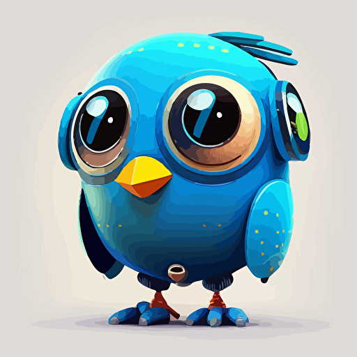 happy, cute, fat, robotic blue bird, big head, large eyes, subtle gradients, colorful feathers, flat style, vector art, 2d
