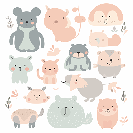 A flat vector illustration of a set of cute animal clip art in pastel colors, perfect for decorating a nursery or child's room