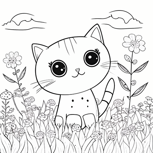 cute cat in field with flowers, big cute eyes, pixar style, simple outline and shapes, coloring page black and white comic book flat vector, white background