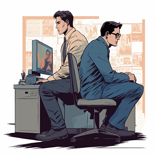 clark kent, concept art, vector drawing, simple color palette, sitting down in front of a computer, two people, security guard looking over shoulder