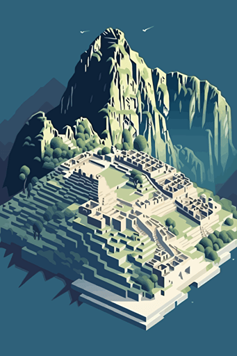 birds eye view of machu pichu, blue sky, vector design, minimalist, flat