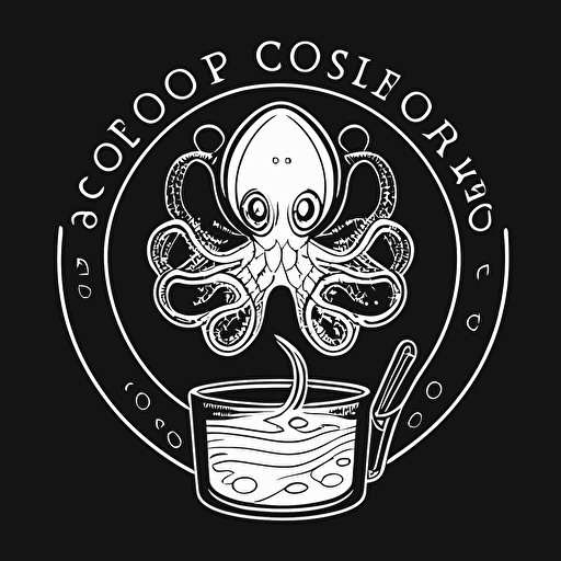 logo outline vector drawing, ocotopus holding a dip net and a scientific beaker, pool service company logo