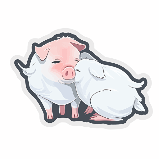 Vector illustration of a farm pig, white feathers, hand-drawn, cartoonish, minimalistic, solid white background, kiss cut sticker