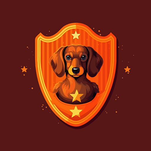 Create a shield for a soccer club containing (dachshund dog , soccer ball): Main colour orange. Vector art by Martina Krupičková, behance contest winner, postminimalism, digital illustration, flat shading, 2D game art.