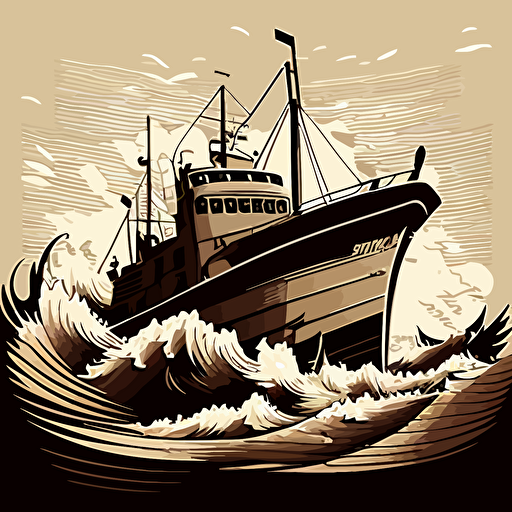 vector style fishingship minimalistic monocrome brown waves