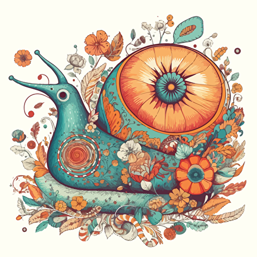 a beautiful snail with a surrounding floral design in detailed drawing style + simple vector + bright colors on a white background