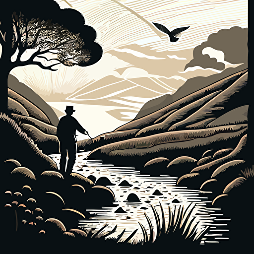 a man fly fishing in a dramatic british coutryside scene in the style of a simple woodcut vectorised illustration, simple detail with lots of white