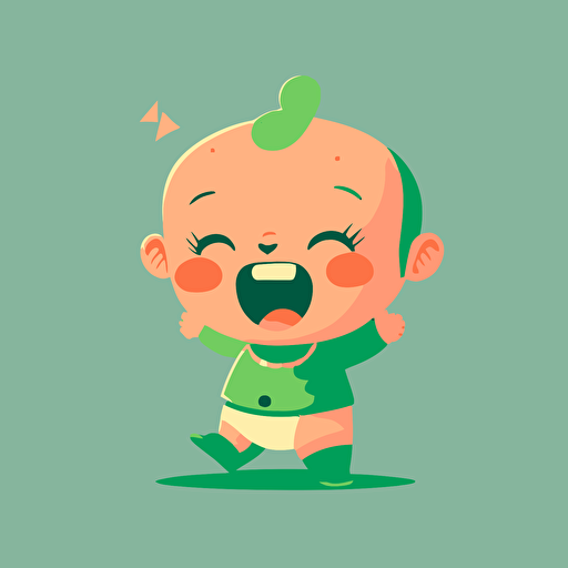 2D minimalist vector illustration, happy cute litttle baby, green background
