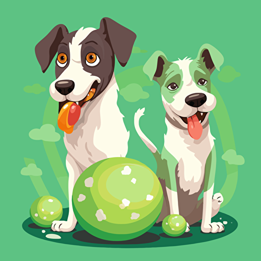 happy dogs around colorfully easter eggs. modern and simply, Vector grafic, cartoon, 2D, high details, inspired by pet patrol, Green background