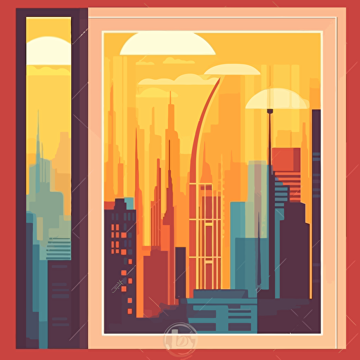 dubai cityskyline flat cartoon style vector illustration viewed through an office window in colloour pallete of red, yellow and blue