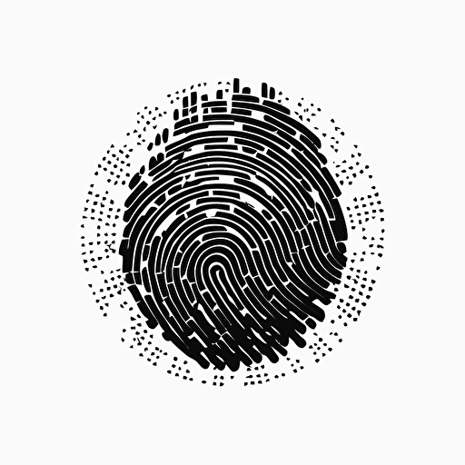 a pixelated futuristic iconic logo of a fingerprint made of circuitry, black vector on white background.
