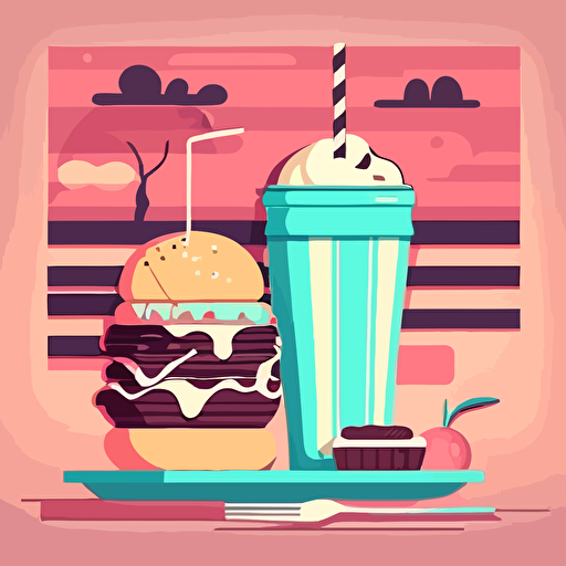 vector art, burger, fries and milkshake in 70s American diner