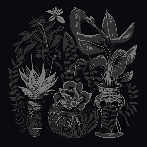 vector drawing of a family of beautiful houseplants in cylinder ceramic pots outlined in white on black textured paper, include a majestic palm and snake plant, prayer plants and monstera leaves, portrrait, logo, no detail