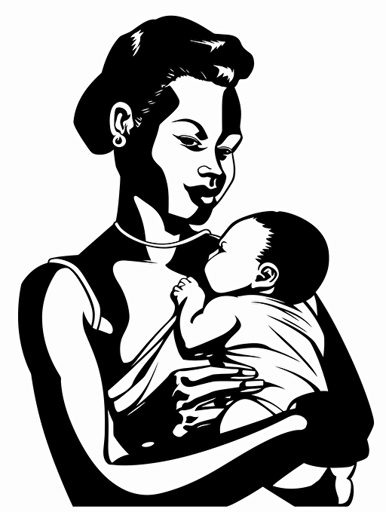 a stunning perfect faced mother chestfeeding her baby in her arms closely against her large pectorals, black and white vector with strong contrast on a solid white background