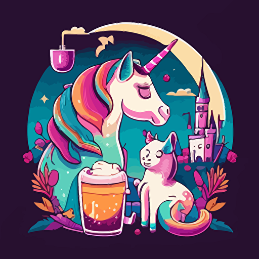 vector style art a cat and a unicorn drinking beer together in front of a candy kingdom