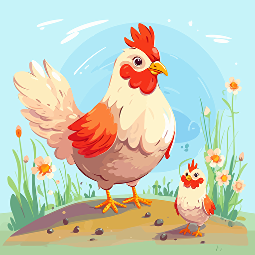 cute hen with a chick on the farm, cartoon, vector style