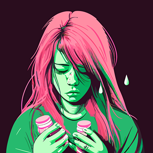 vector,pink,green,girl,holding pills in hands,depressed,sad,crying