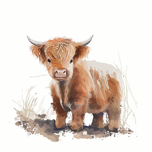 baby watercolor highland cattle vector,comic style, white background