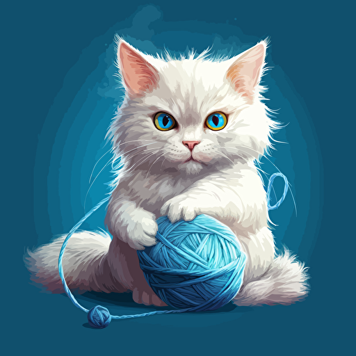 an adorable chestnut turkish angora cat with sky blue eyes playing with a ball of yarn and snarling, vector art