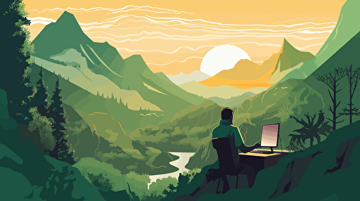 A lush valley with an olive-skinned man working on his computer in an outside office setting, there's a mountain range visible, it's daytime, and the feel of the image resonates with a web designer, vector art,