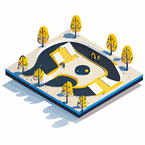 2d flat vector of a skatepark in Sweden, white background, dark blue and Warg yellow colors