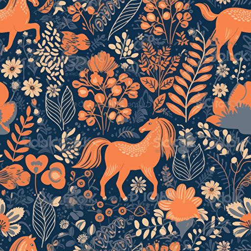 dalarna horse, plants, flowers, woodcut print style, lino cut, flat, vector, whimsical, minimal