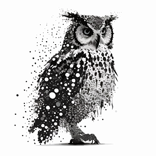 Owl made out of connected dots, vector art, ink, white background
