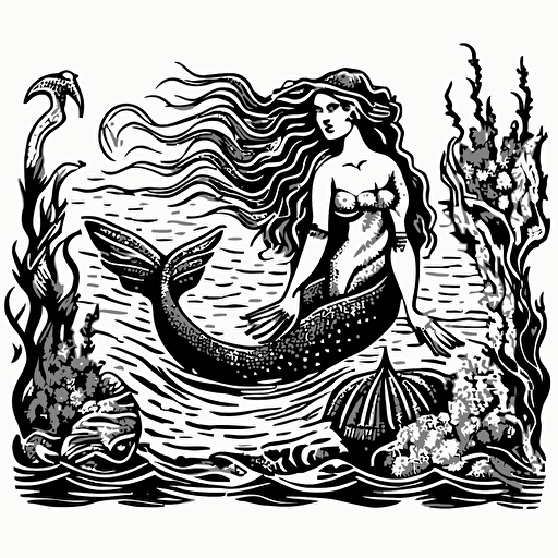 medieval Mermaid siren woodcut vector white background